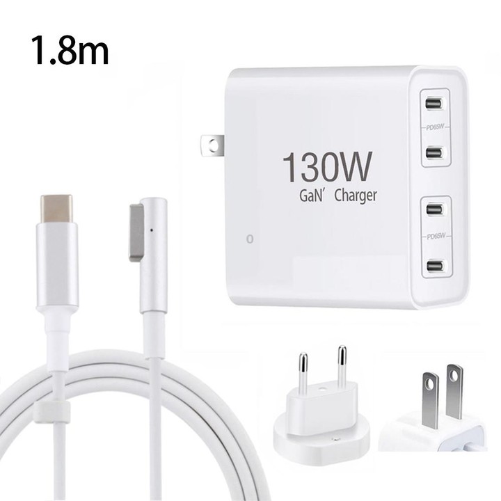 GaN 130W 4-Port USB-C PD65W / PD30W Multi Port Type-C Charger with 1.8m Type-C to MagSafe 1 / L Header Data Cable US / EU Plug