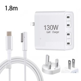 GaN 130W 4-Port USB-C PD65W / PD30W Multi Port Type-C Charger with 1.8m Type-C to MagSafe 1 / L Header Data Cable US / UK Plug