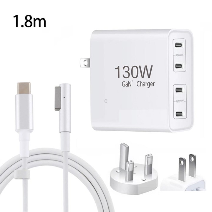 GaN 130W 4-Port USB-C PD65W / PD30W Multi Port Type-C Charger with 1.8m Type-C to MagSafe 1 / L Header Data Cable US / UK Plug