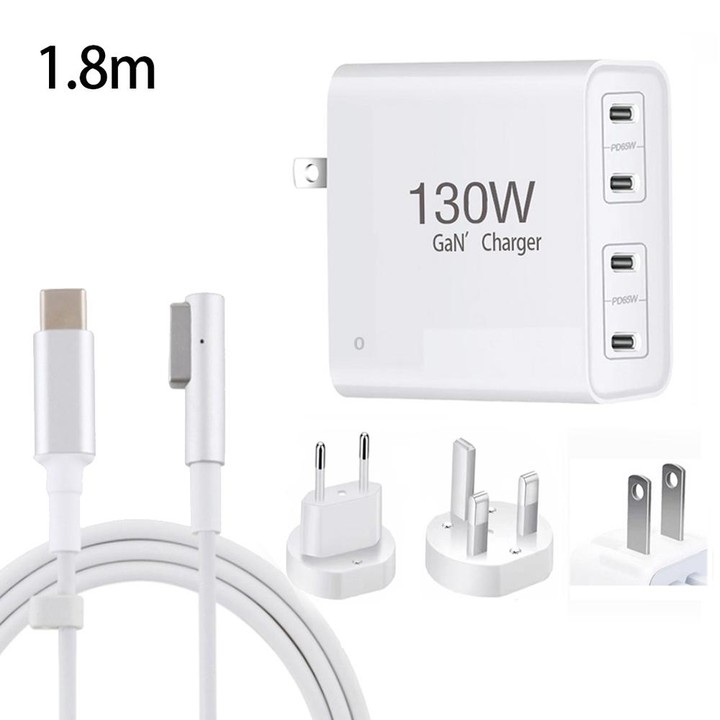 GaN 130W 4-Port USB-C PD65W / PD30W Multi Port Type-C Charger with 1.8m Type-C to MagSafe 1 / L Header Data Cable US / EU / UK P
