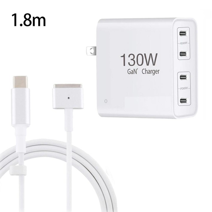 GaN 130W 4-Port USB-C PD65W / PD30W Multi Port Type-C Charger with 1.8m Type-C to MagSafe 2 / T Header Data Cable US Plug