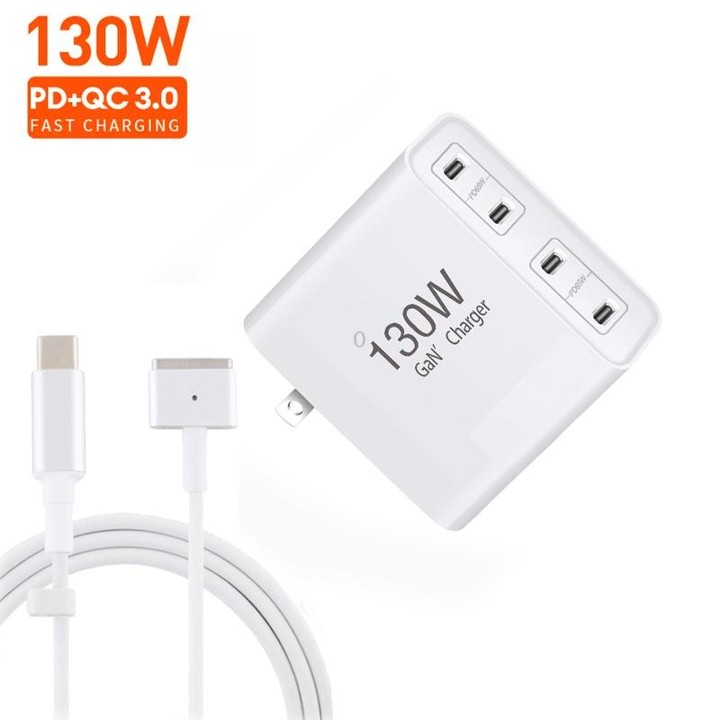 GaN 130W 4-Port USB-C PD65W / PD30W Multi Port Type-C Charger with 1.8m Type-C to MagSafe 2 / T Header Data Cable US Plug