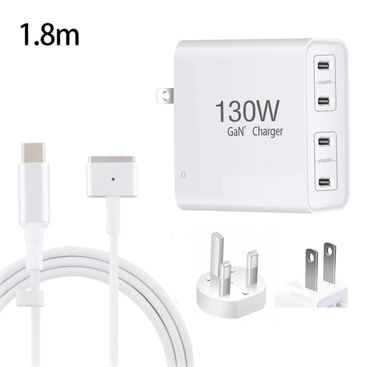 GaN 130W 4-Port USB-C PD65W / PD30W Multi Port Type-C Charger with 1.8m Type-C to MagSafe 2 / T Header Data Cable US / UK Plug