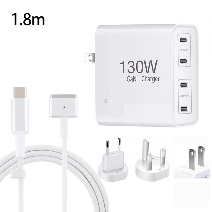 GaN 130W 4-Port USB-C PD65W / PD30W Multi Port Type-C Charger with 1.8m Type-C to MagSafe 2 / T Header Data Cable US / EU / UK P