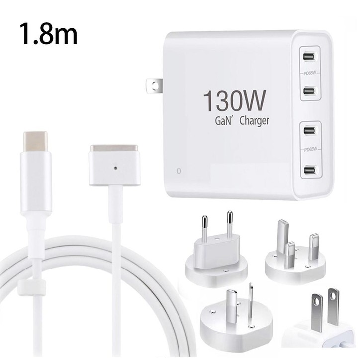 GaN 130W 4-Port USB-C PD65W / PD30W Multi Port Type-C Charger with 1.8m Type-C to MagSafe 2 / T Header Data Cable US / EU / UK /