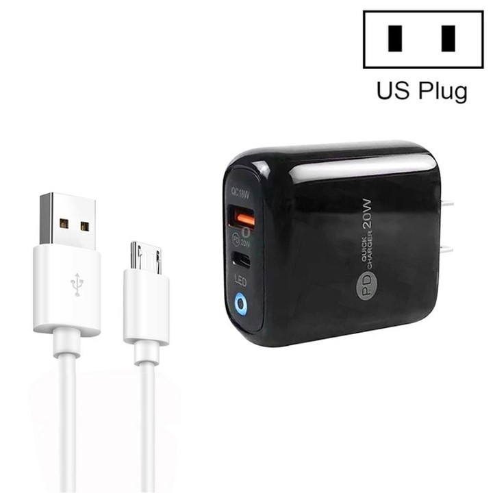 PD04 Type-C + USB Mobile Phone Charger with USB to Micro USB Cable, US Plug(Black)