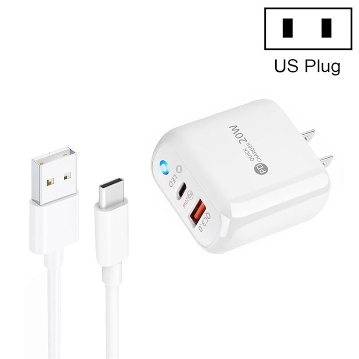 PD04 Type-C + USB Mobile Phone Charger with USB to Type-C Cable, US Plug(White)