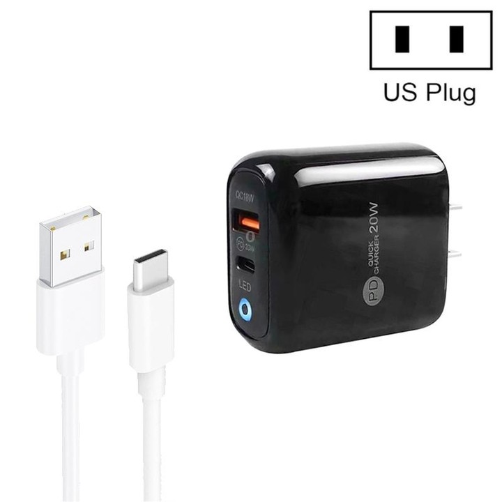 PD04 Type-C + USB Mobile Phone Charger with USB to Type-C Cable, US Plug(Black)