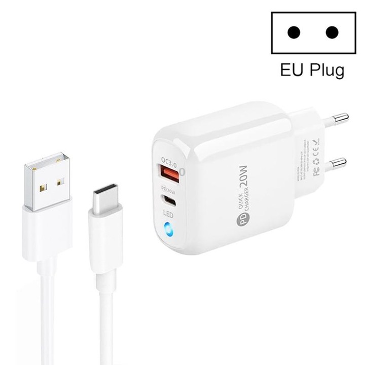 PD04 Type-C + USB Mobile Phone Charger with USB to Type-C Cable, EU Plug(White)