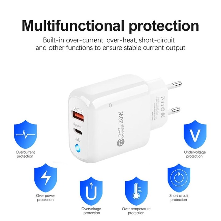 PD04 Type-C + USB Mobile Phone Charger with USB to Type-C Cable, EU Plug(White)