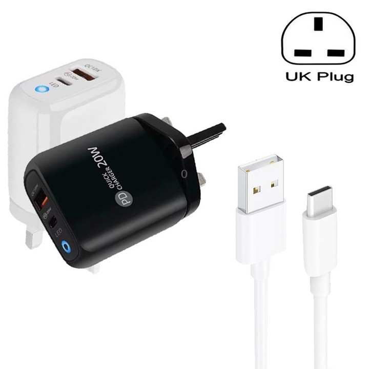 PD04 Type-C + USB Mobile Phone Charger with USB to Type-C Cable, UK Plug(White)