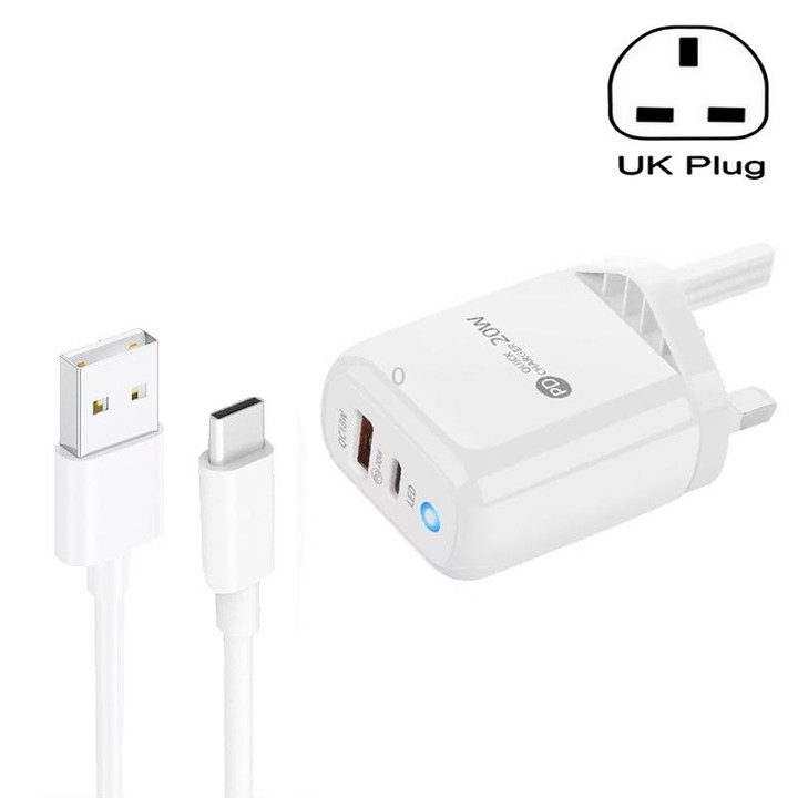 PD04 Type-C + USB Mobile Phone Charger with USB to Type-C Cable, UK Plug(White)