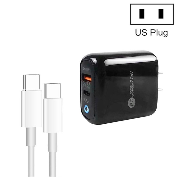 PD04 Type-C + USB Mobile Phone Charger with Type-C to Type-C Cable, US Plug(Black)