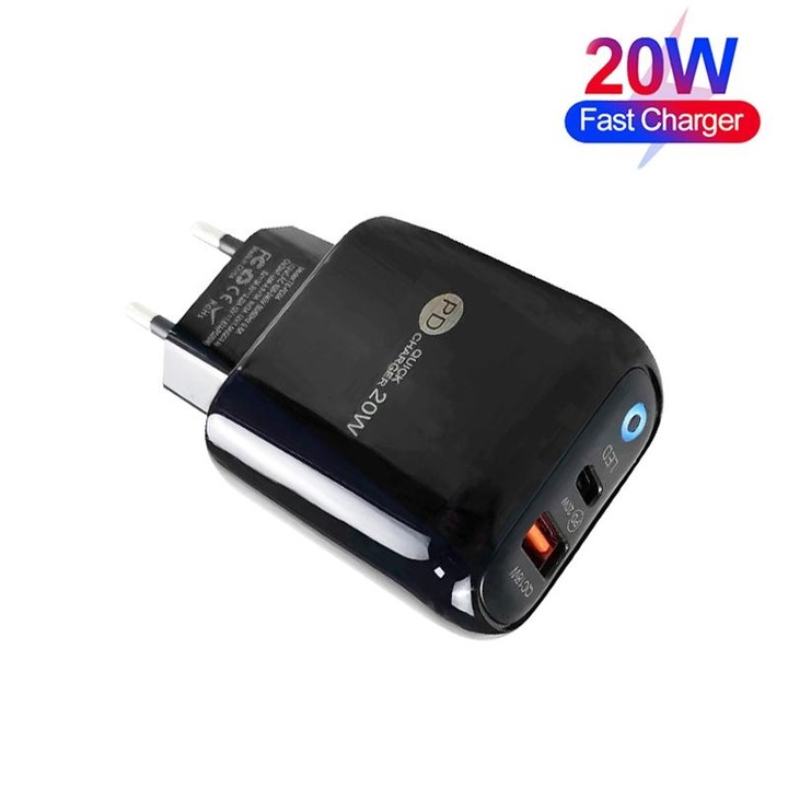 PD04 Type-C + USB Mobile Phone Charger with Type-C to Type-C Cable, EU Plug(Black)
