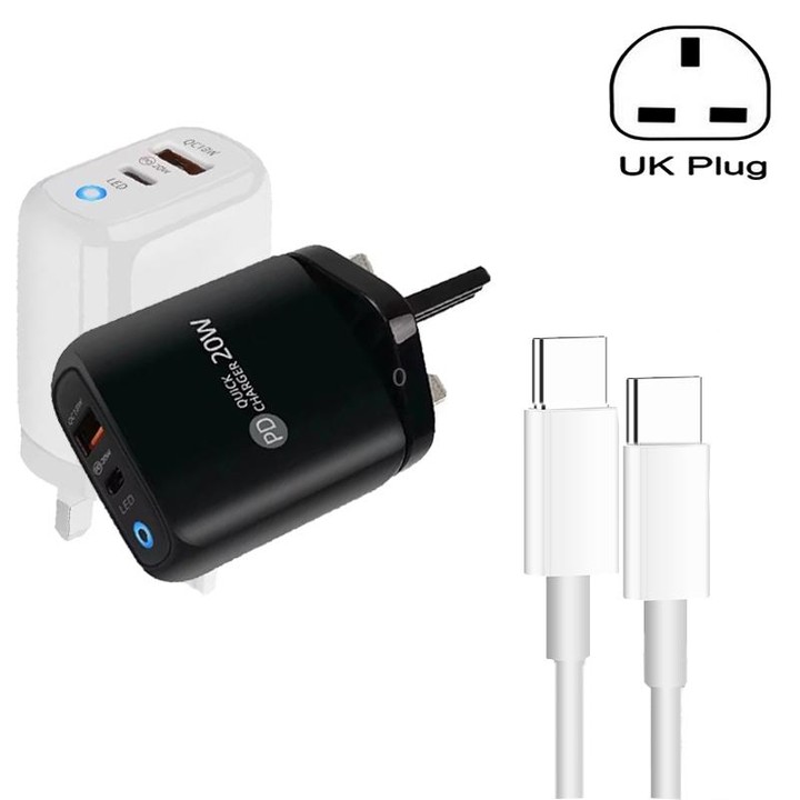 PD04 Type-C + USB Mobile Phone Charger with Type-C to Type-C Cable, UK Plug(Black)