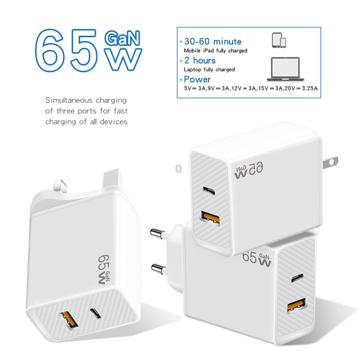 GaN PD48W Type-C PD3.0 + USB3.0 Notebook Adapter for MacBook Series ，EU Plug(Black)