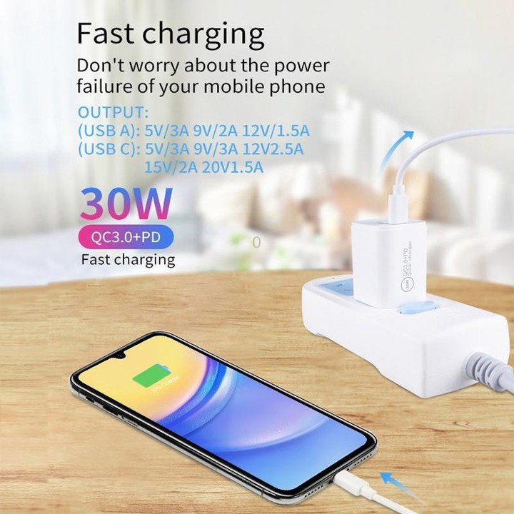 PD30W USB-C / Type-C + QC3.0 USB Dual Port Charger with 1m Type-C to Type-C Data Cable, EU Plug