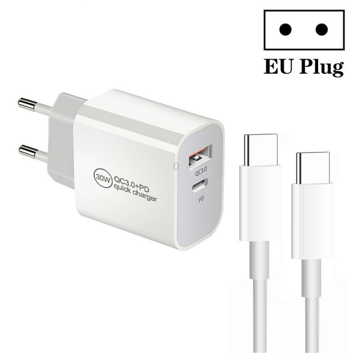 PD30W USB-C / Type-C + QC3.0 USB Dual Port Charger with 1m Type-C to Type-C Data Cable, EU Plug