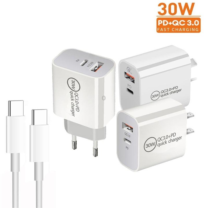 PD30W USB-C / Type-C + QC3.0 USB Dual Port Charger with 1m Type-C to Type-C Data Cable, US Plug