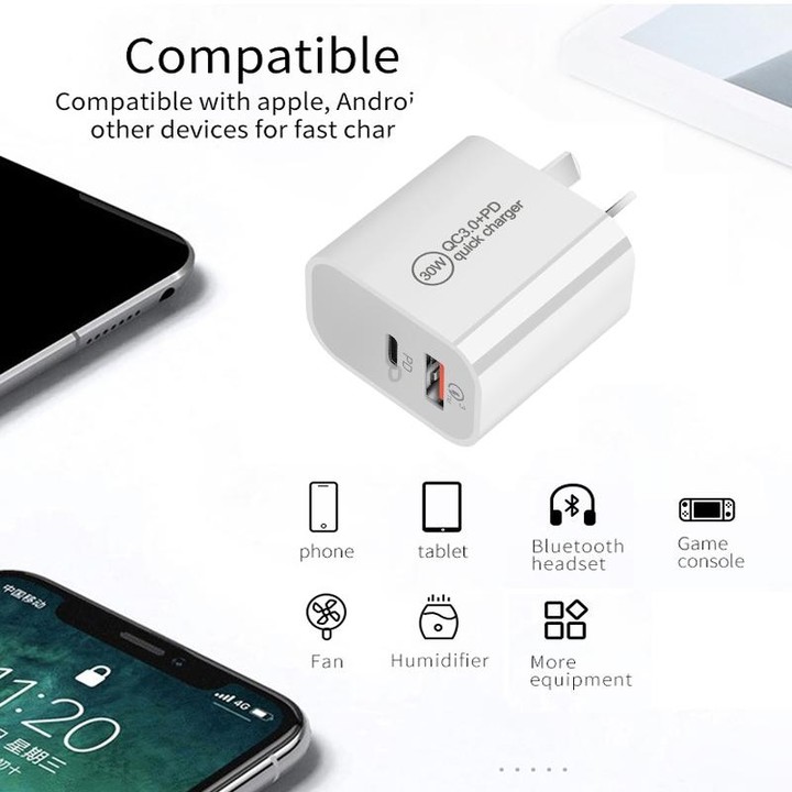 PD30W USB-C / Type-C + QC3.0 USB Dual Port Charger with 1m Type-C to Type-C Data Cable, US Plug