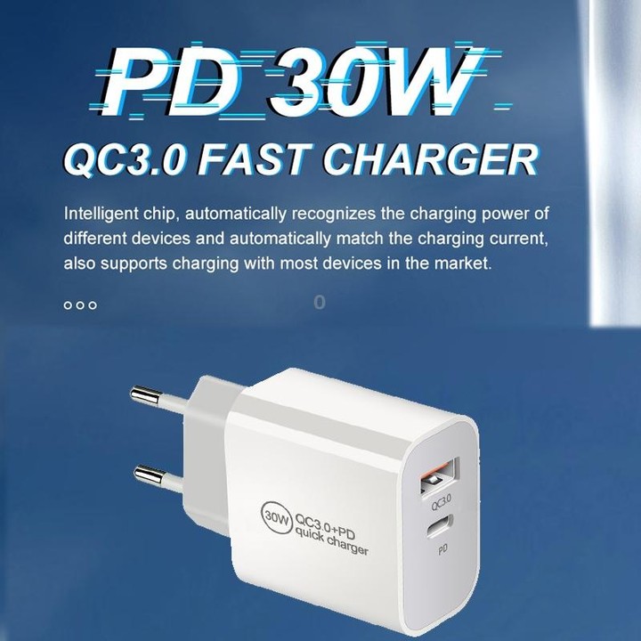 PD30W USB-C / Type-C + QC3.0 USB Dual Port Charger with 1m Type-C to Type-C Data Cable, AU Plug
