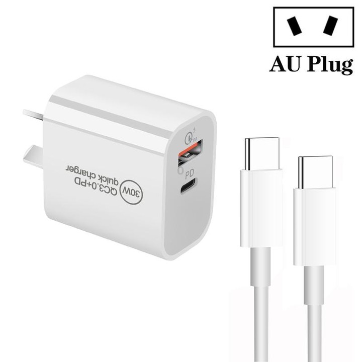 PD30W USB-C / Type-C + QC3.0 USB Dual Port Charger with 1m Type-C to Type-C Data Cable, AU Plug
