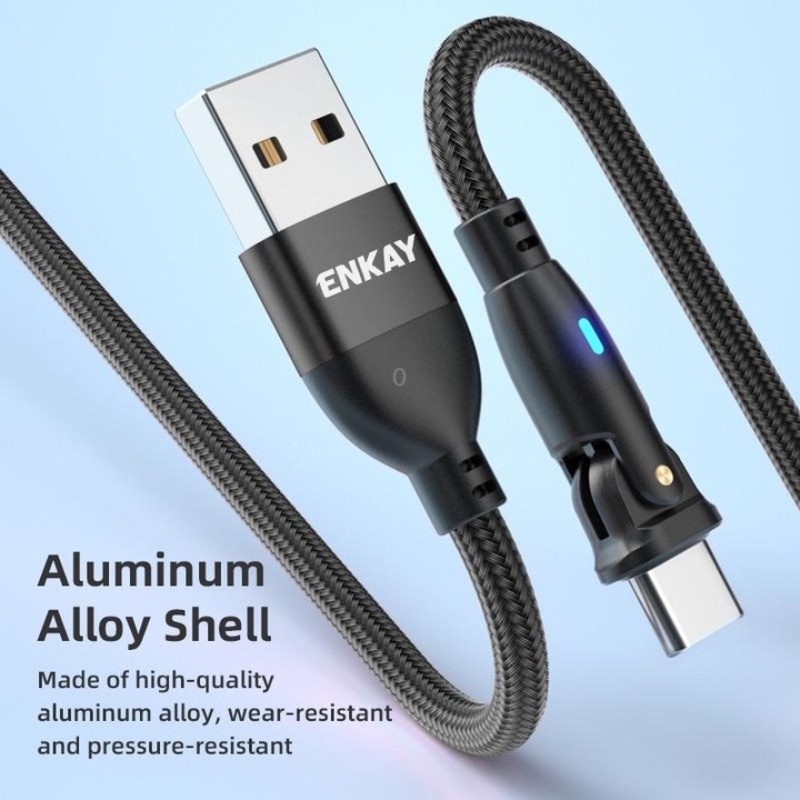 ENKAY 180 Degrees Rotating USB to Type-C 3A Fast Charging Data Cable with LED Light, Length:2m(Red)