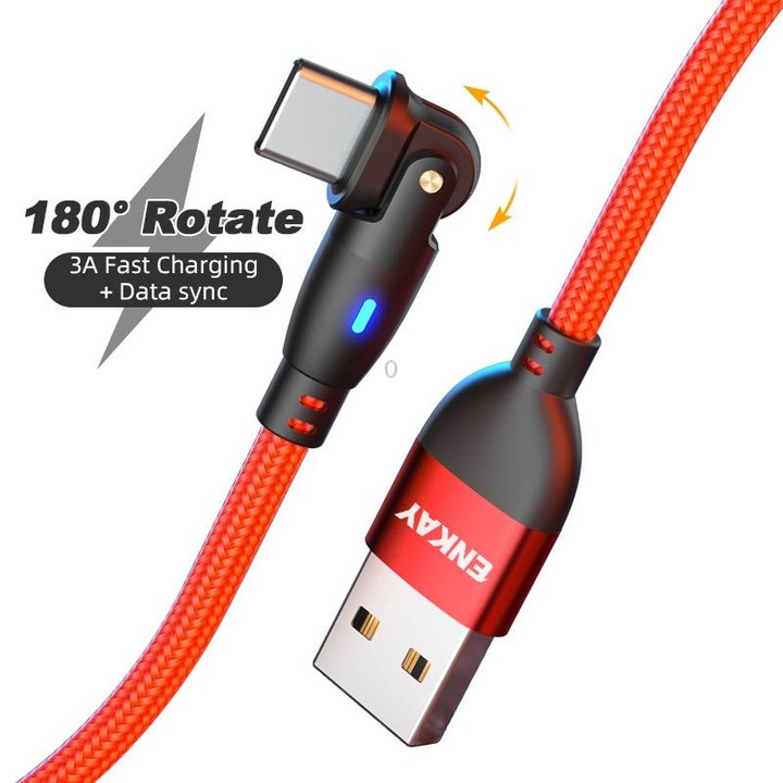 ENKAY 180 Degrees Rotating USB to Type-C 3A Fast Charging Data Cable with LED Light, Length:2m(Red)