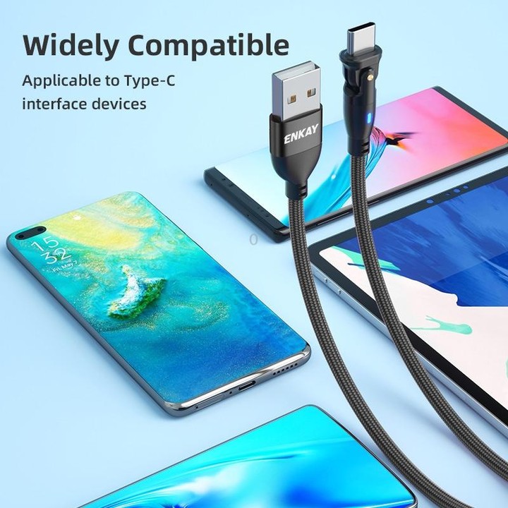 ENKAY 180 Degrees Rotating USB to Type-C 3A Fast Charging Data Cable with LED Light, Length:2m(Red)