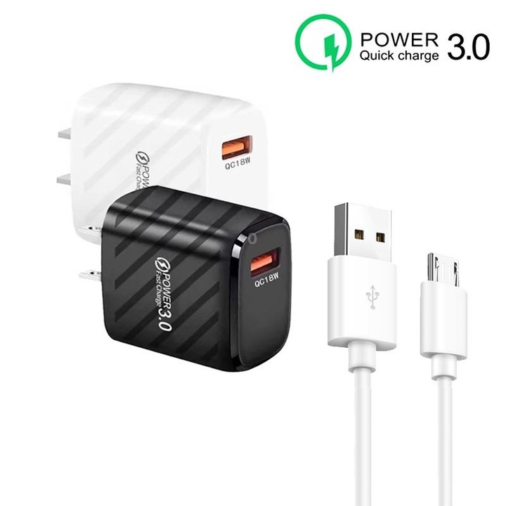 TE-005 QC3.0 18W USB Fast Charger with 1m 3A USB to Micro USB Cable, US Plug(White)