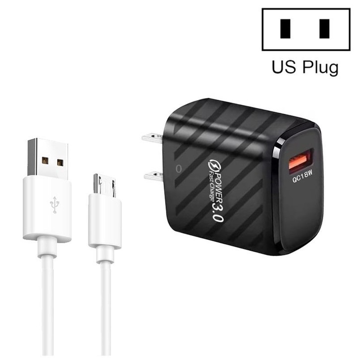 TE-005 QC3.0 18W USB Fast Charger with 1m 3A USB to Micro USB Cable, US Plug(Black)