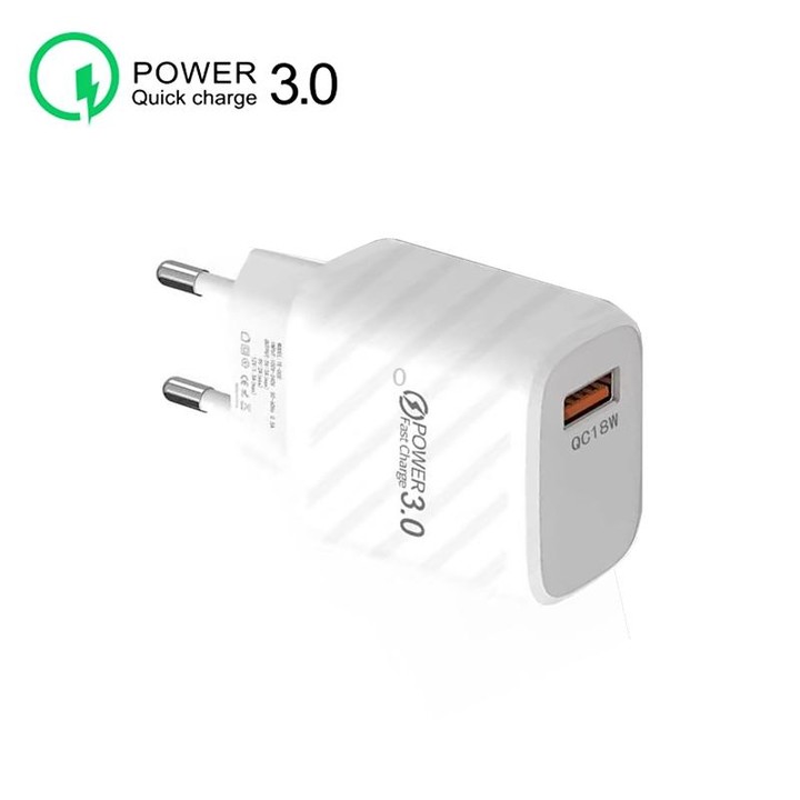TE-005 QC3.0 18W USB Fast Charger with 1m 3A USB to Micro USB Cable, EU Plug(White)