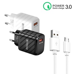 TE-005 QC3.0 18W USB Fast Charger with 1m 3A USB to Micro USB Cable, EU Plug(White)