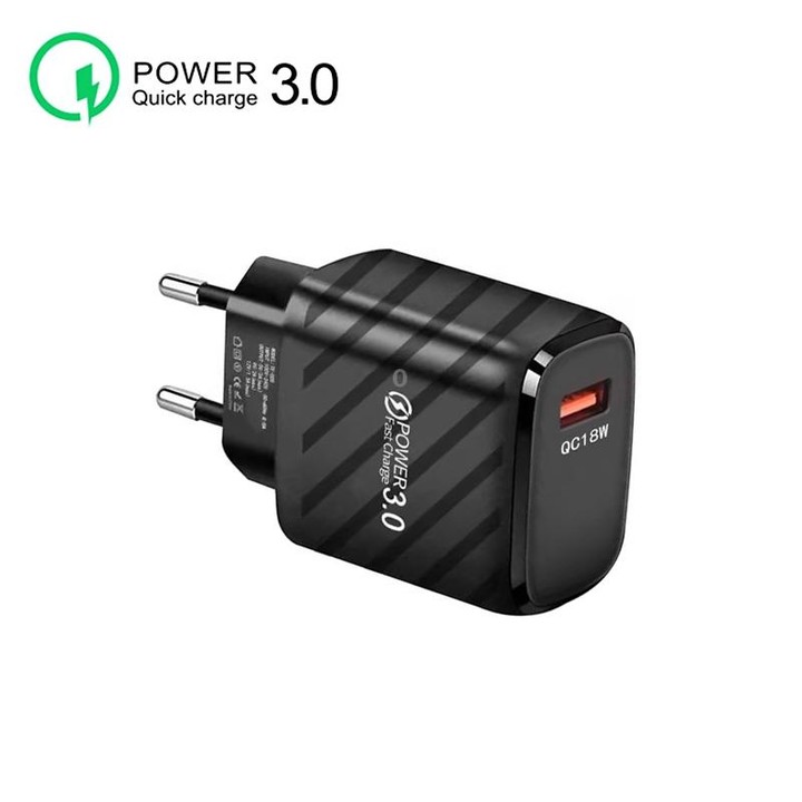 TE-005 QC3.0 18W USB Fast Charger with 1m 3A USB to Micro USB Cable, EU Plug(Black)