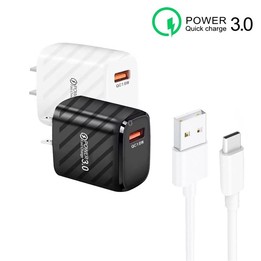 TE-005 QC3.0 18W USB Fast Charger with 1m 3A USB to Type-C Cable, US Plug(White)
