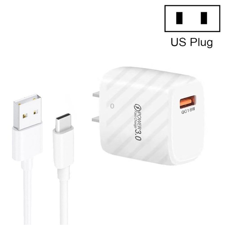 TE-005 QC3.0 18W USB Fast Charger with 1m 3A USB to Type-C Cable, US Plug(White)