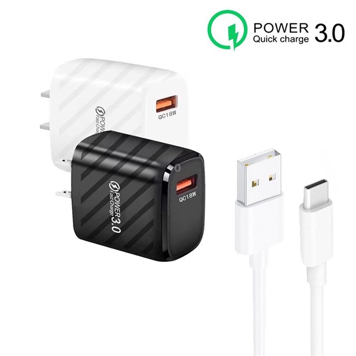 TE-005 QC3.0 18W USB Fast Charger with 1m 3A USB to Type-C Cable, US Plug(Black)
