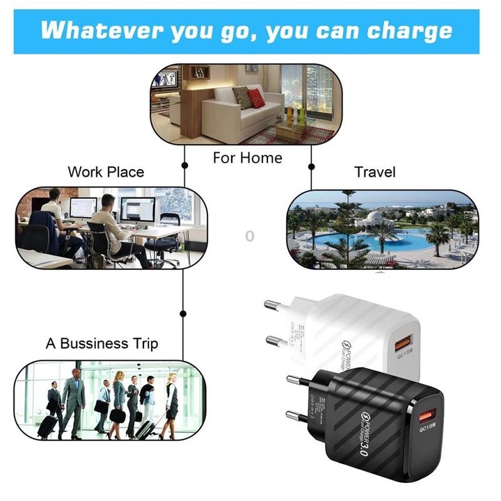 TE-005 QC3.0 18W USB Fast Charger with 1m 3A USB to Type-C Cable, EU Plug(White)