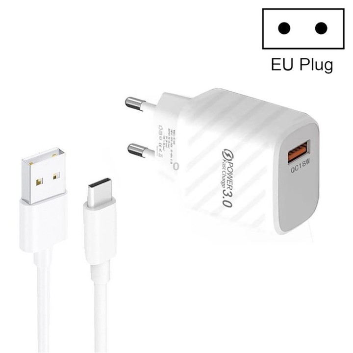 TE-005 QC3.0 18W USB Fast Charger with 1m 3A USB to Type-C Cable, EU Plug(White)