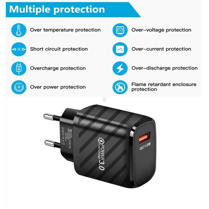 TE-005 QC3.0 18W USB Fast Charger with 1m 3A USB to Type-C Cable, EU Plug(Black)