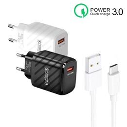 TE-005 QC3.0 18W USB Fast Charger with 1m 3A USB to Type-C Cable, EU Plug(Black)