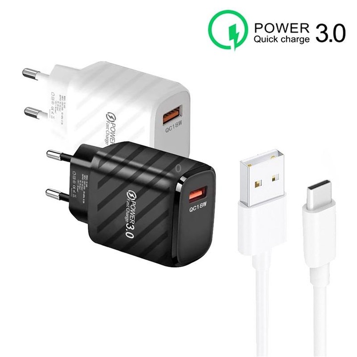 TE-005 QC3.0 18W USB Fast Charger with 1m 3A USB to Type-C Cable, EU Plug(Black)