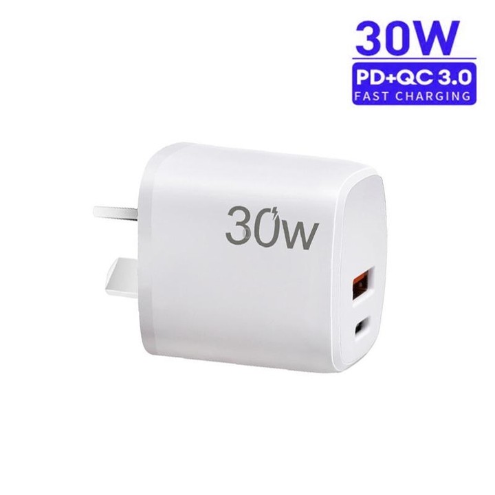 PD30W USB-C / Type-C + QC3.0 USB Charger with 1m Type-C to Type-C Data Cable, AU Plug(White)