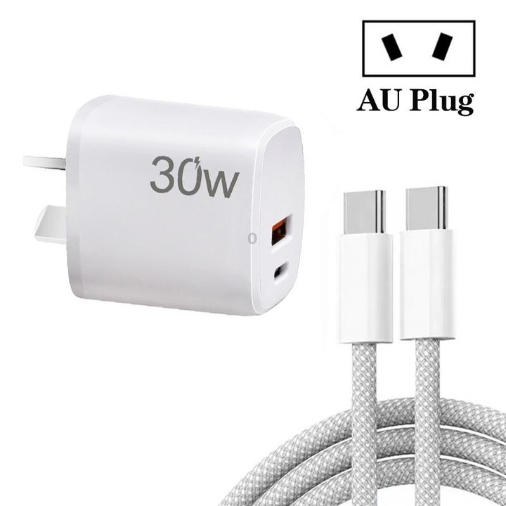 PD30W USB-C / Type-C + QC3.0 USB Charger with 1m Type-C to Type-C Data Cable, AU Plug(White)