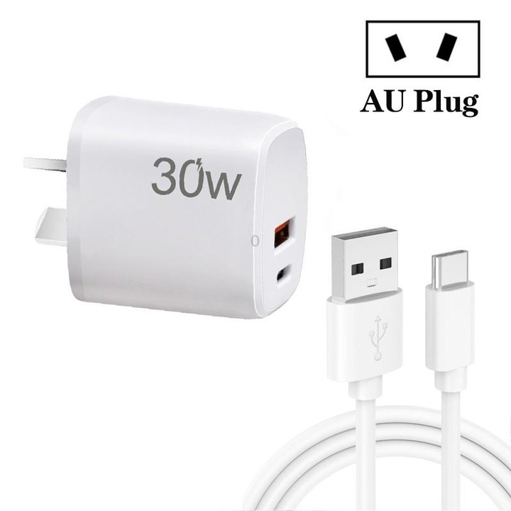 PD30W USB-C / Type-C + QC3.0 USB Charger with 1m USB to Type-C Data Cable, AU Plug(White)