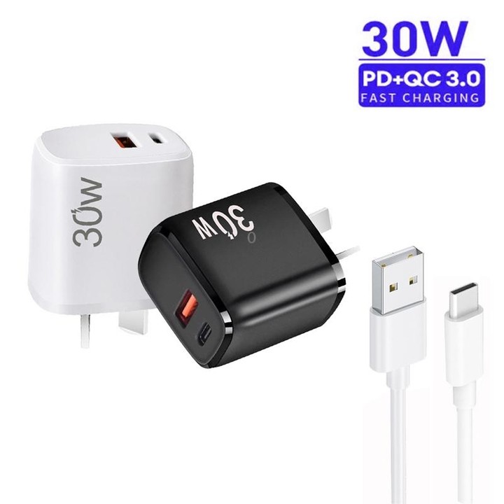 PD30W USB-C / Type-C + QC3.0 USB Charger with 1m USB to Type-C Data Cable, AU Plug(Black)