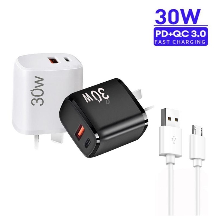 PD30W USB-C / Type-C + QC3.0 USB Charger with 1m USB to Micro USB Data Cable, AU Plug(White)