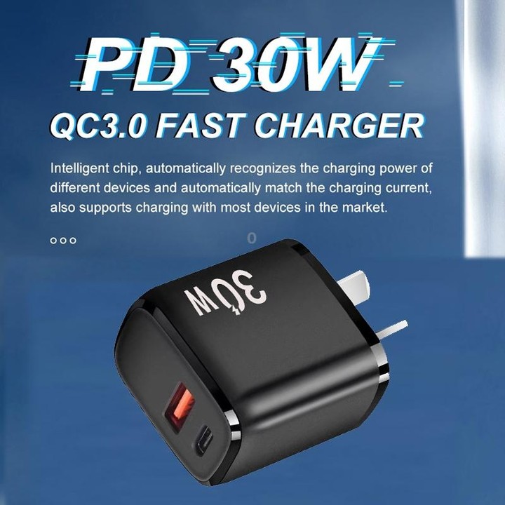 PD30W USB-C / Type-C + QC3.0 USB Charger with 1m USB to Micro USB Data Cable, AU Plug(Black)
