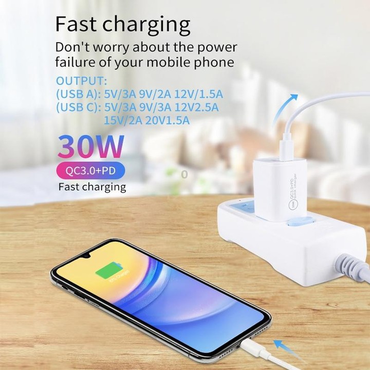 PD30W USB-C / Type-C + QC3.0 USB Charger with 1m USB to Micro USB Data Cable, AU Plug(Black)