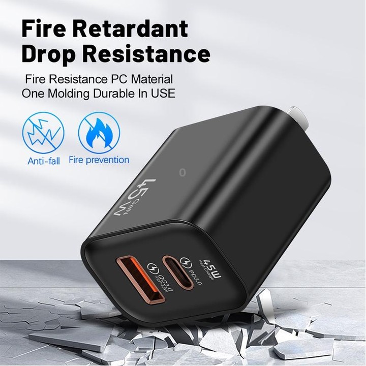 45PQ 45W PD25W + QC3.0 20W USB Fully Compatible Super Fast Charger, US Plug(Transparent Gray)